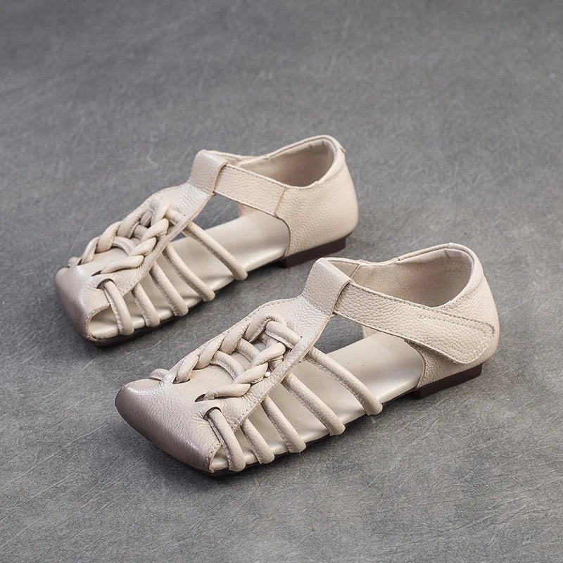 Genuine Leather Sandals Women Handmade Woven Literary Style Hollow Flat Roman Sandals Ladies Summer Shoes Sandalias
