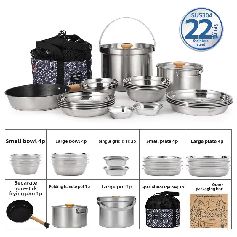 NOBANA 14/22pcs Outdoor Stainless Steel Pot Set Camping Family Pot Set 5L Portable Picnic Soup Pot Frying Steaming Household Pot