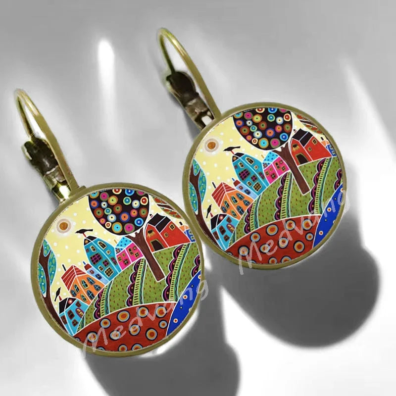 2024 Natural Scenery Earrings beautiful village Women Stud Earring  Abstract Oil Painting House Glass Cabochon Earrings  jewelry