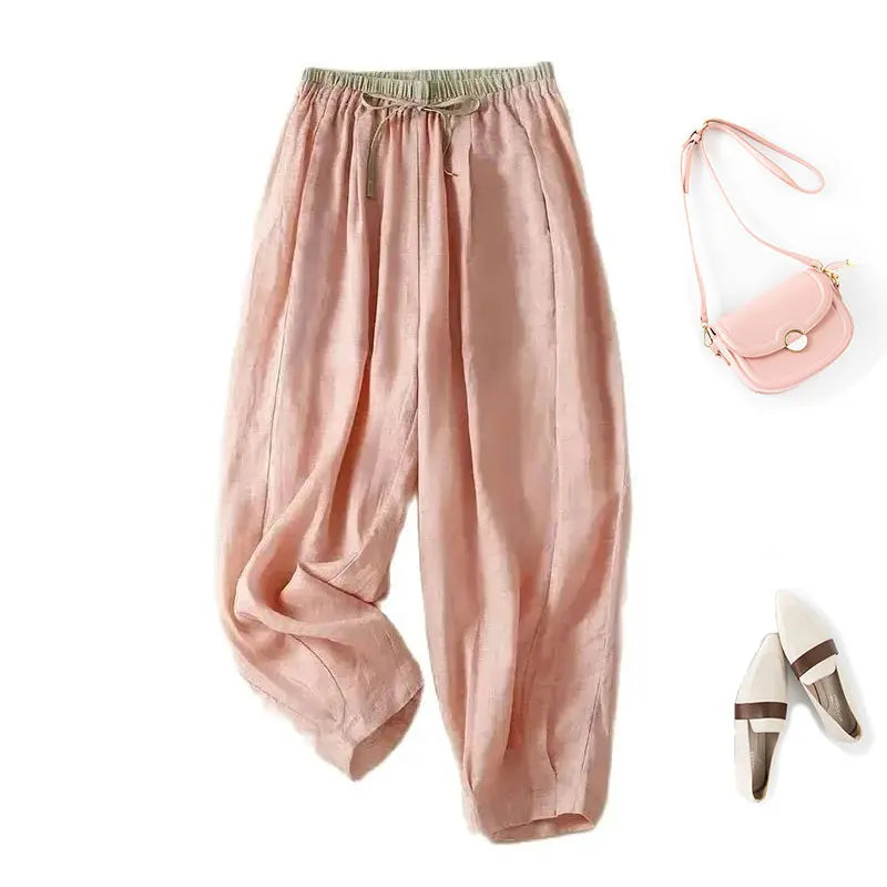 Cotton Linen Casual Elastic High Waist Lace Up Loose Women's Pants Wide Leg Ankle-Length Pants For Women Clothing Fashion 2024