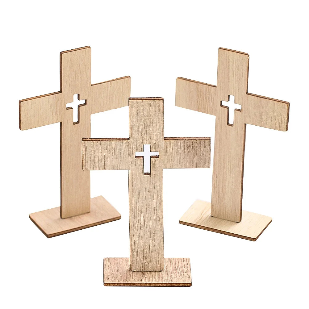 6PCS Wooden Cross Ornament Christian Symbol DIY Craft Decor Natural Wood Standing Cross for Church Home Prayer Festival Gift