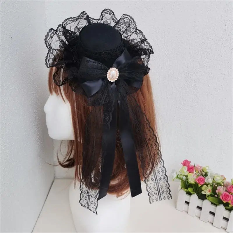 Ribbon Bowknot Veil Small Hat with Hair Clip Fashion Headwear Women Teens Halloween Hair Bows Masquerades Party Headwear