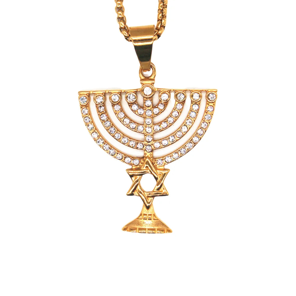 Menorah Pendant Judaica Necklace Women/Men Religious Symbols Jewelry Long Chain