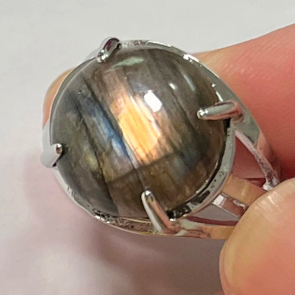 Ring Natural Stone Round Bead Blue Labradorite Adjustable Finger