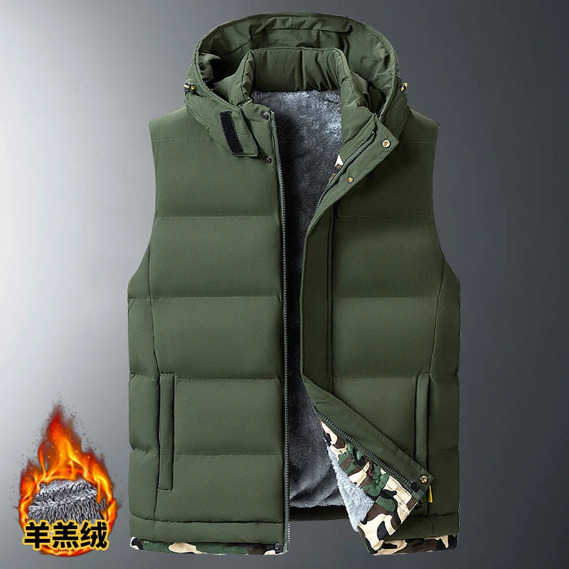 Big Size Men's Padded Vest Hooded Zip-up Fleece lined Sleeveless Jacket Male Winter Thick Warm Brushed Work Hiking Plus 9XL 10XL
