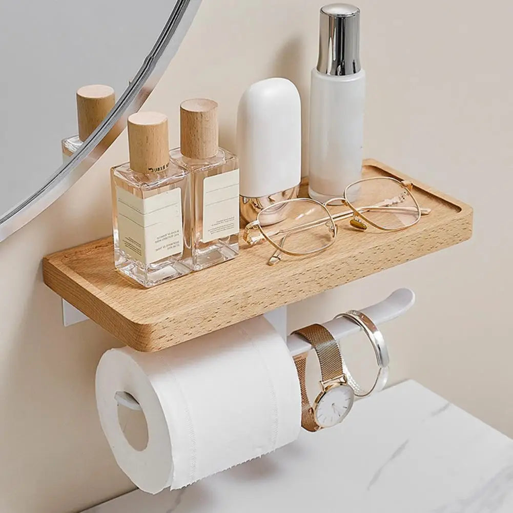 Tissue Rack Space-saving Wall Mounted Punch Free Wooden Bathroom Tissue Stand Easy To Install Toilet Storage Shelf For Dorm