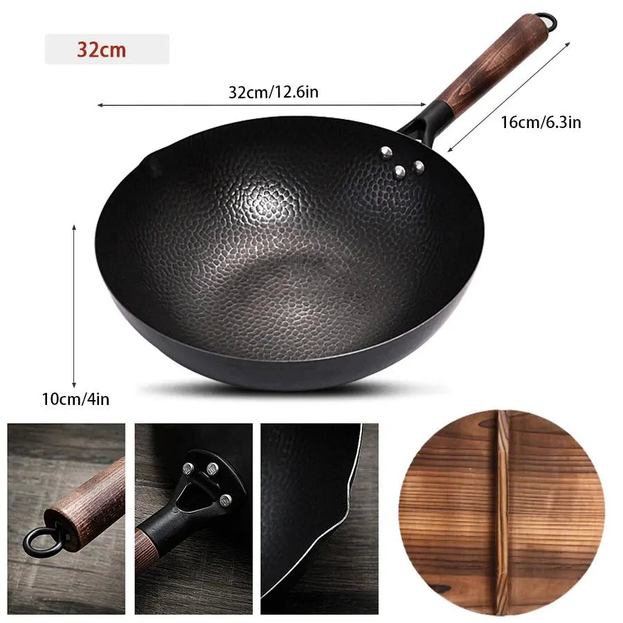 Pure Iron wok cast iron pan Non-coated Pot General use for Gas and Induction Cooker 32cm Chinese Wok Cookware Pan