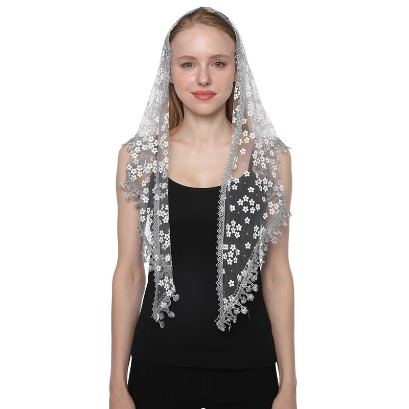 Fashion Church Shawl Lace Veil Polyester Scarf Bandana Church Prayer Wedding Mantilla Chapel White Embroidered Hijab Women Scarf