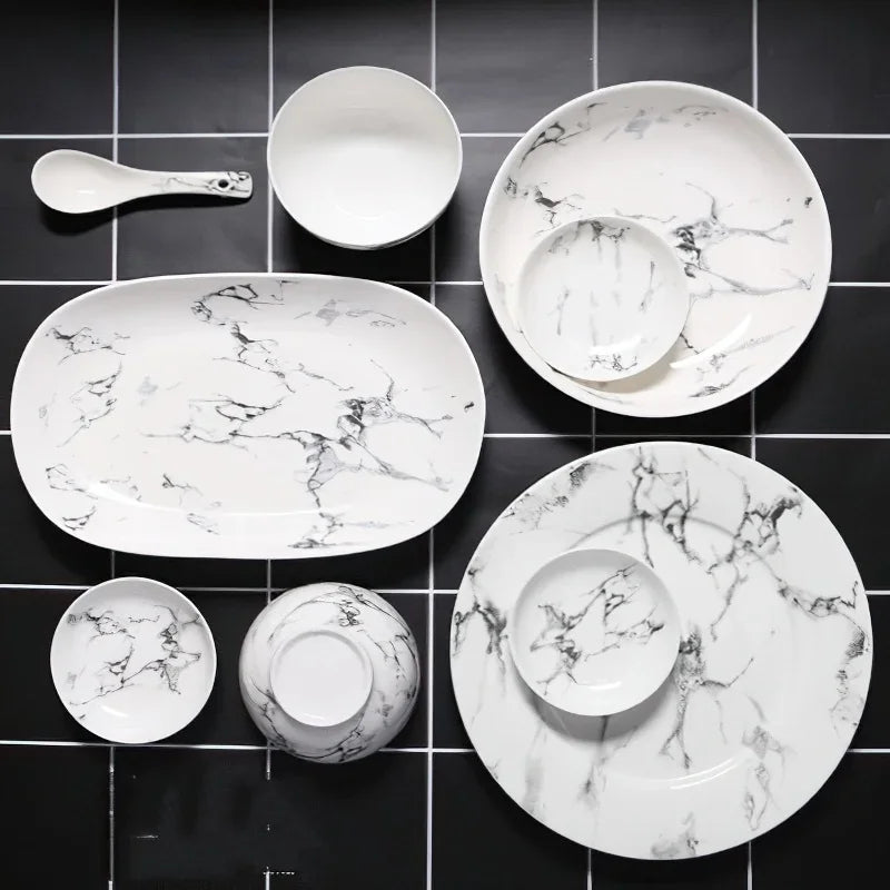 Ceramics Tableware Nordic Marbling Multiple Size Round Oval Plate Bowl Dish Pot Spoon Household Kitchen Supplies Dinnerware