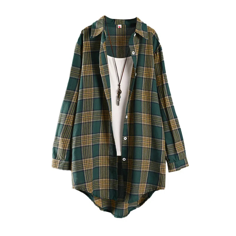 Women's Cotton Linen Plaid Shirt Mid-length Outer Wear Sun Protection Spring and Summer Loose Thin Jacket