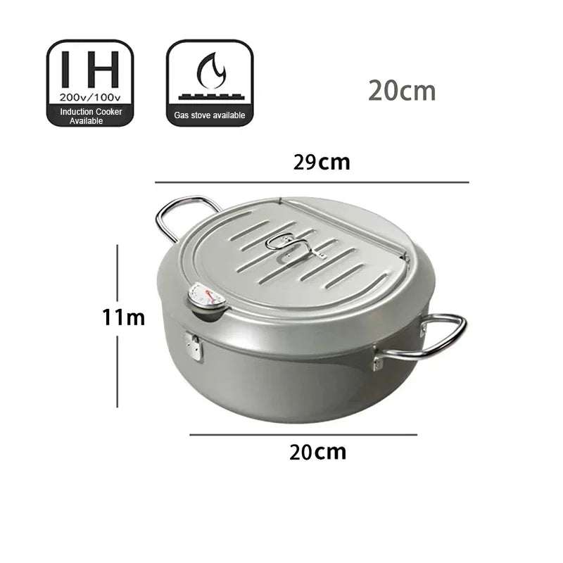 304 Stainless Steel Oil Pan Japanese Deep Frying Pot with a Thermometer and a Lid Kitchen Tempura French Fries Oil Fried Pan