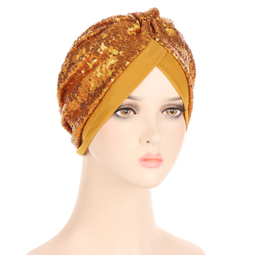 Muslim Headscarf Bonnet Glitter Sequins Hijab Turban Female Head Wraps India Hat Islam Headwear Accessories Chemo Caps beanies
