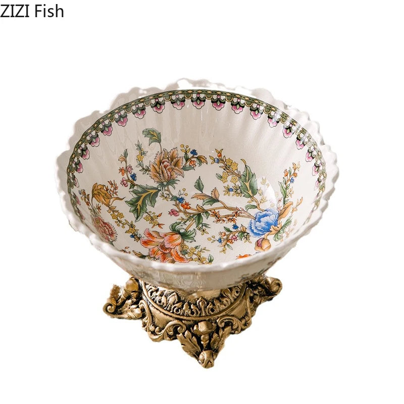 Classical Colorful Flower Pattern Fruit Bowl Storage Trays Snack Dessert Plate High Footed Fruits Plate Coffee Table Fruits Tray