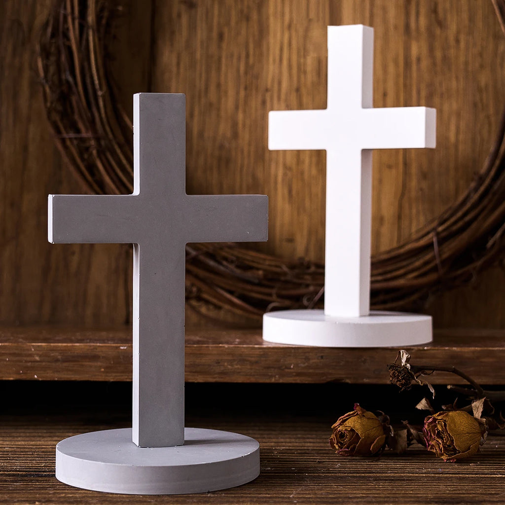 Church Cross Silicone Mold DIY Gypsum Concrete Pouring Table Ornaments Resin Mold 3D Cross Christian Sign with Base Crafts Gifts