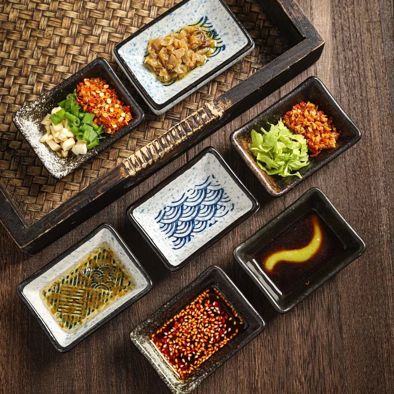 Vintage Ceramics Square Dipping Dish Japanese Small Sushi Plate Restaurant Hot Pot Sauce Plate Home Barbecue Seasoning Dishes