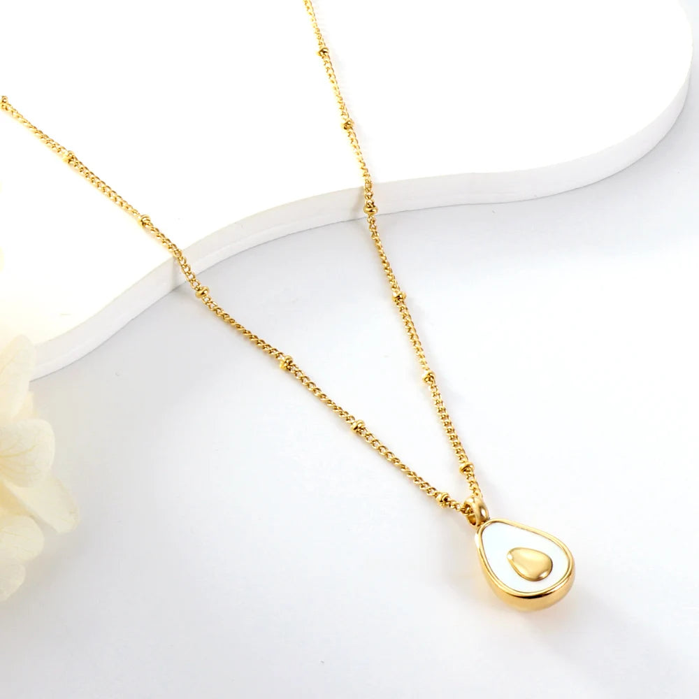 ASONSTEEL Fashion Gold Plated Fruit Pendant Necklace For Women Stainless Steel Jewelry Avocado Natural Shell Glossy Waterproof