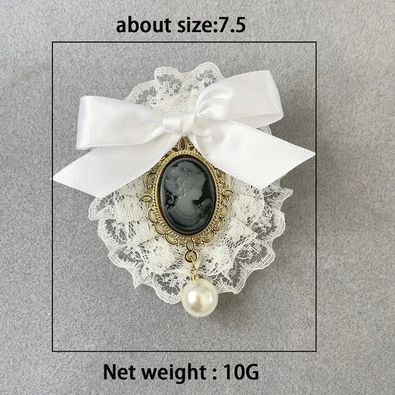 Vintage Handmade Fabric Art Lace Bow Brooches for Women Beauty Head Pearl Corsage College Style Collar Pins Jewelry Accessories