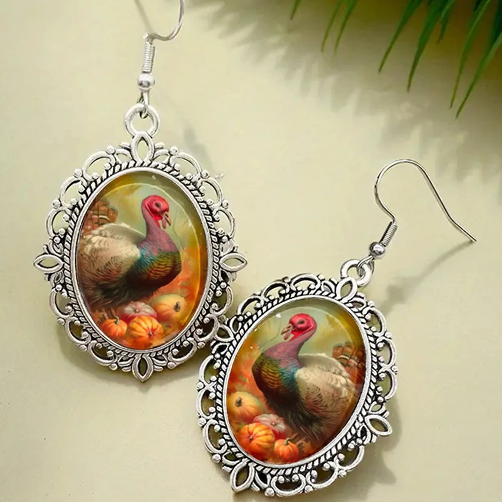New Autumn Thanksgiving Earrings Turkey Oval Glass Dome Alloy Dangle Earrings Thanksgiving Gift Jewelry Gift