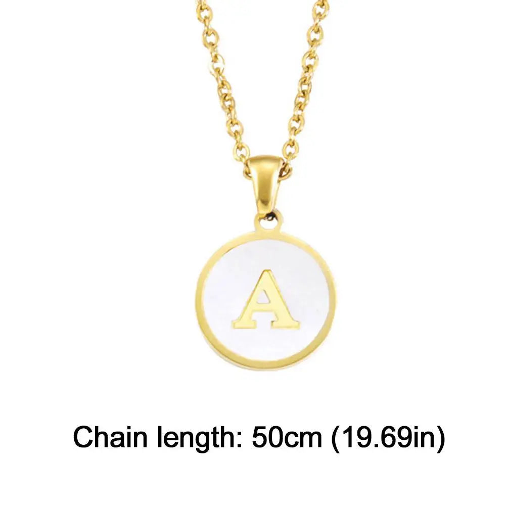 Vintage Initial 26 Letters A To Z White Shell Pendant Necklace Gold Color Steel For Women Men Choker Jewelry Necklace