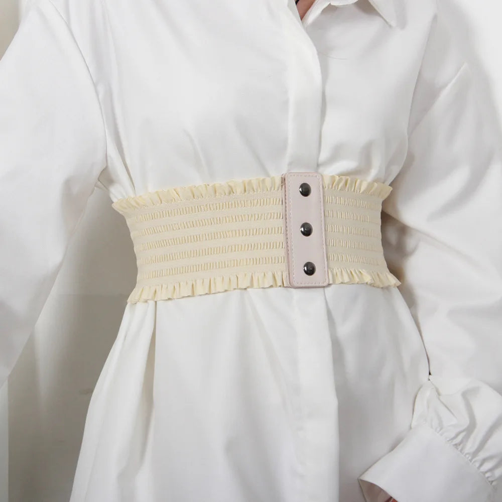 Ruffles Wide Belt Triple Buckle Elegant Elastic Waistband Decorative Dress Girdle for Women Large Size Luxury