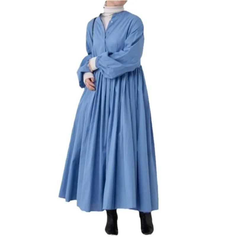 Cotton Linen Loose Dresses For Women Solid Korean version Long Sleeve Pleated Big Swing Robe Autumn Vintage Casual Clothes