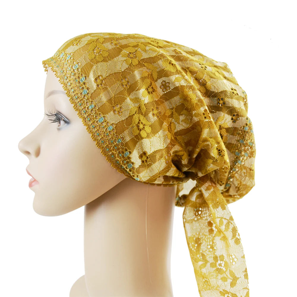 Muslim Women Head Scarf Lace Flower Underscarf Elastic Hijab Hair Cover Headwrap Chemo Cap Islam Headband Bonnet Turbante Mujer