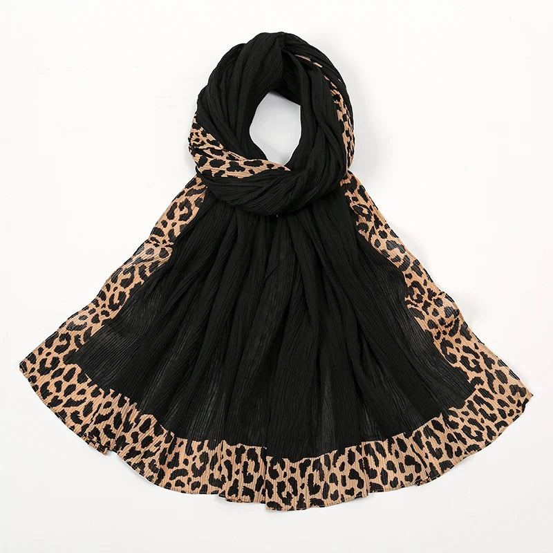 Hot Leopard Print Wrinkles Hijab Scarf Polyester Muslim Woman Hijab Shawls Lady Soft Long Wraps Femme Elegant Bandana Turban