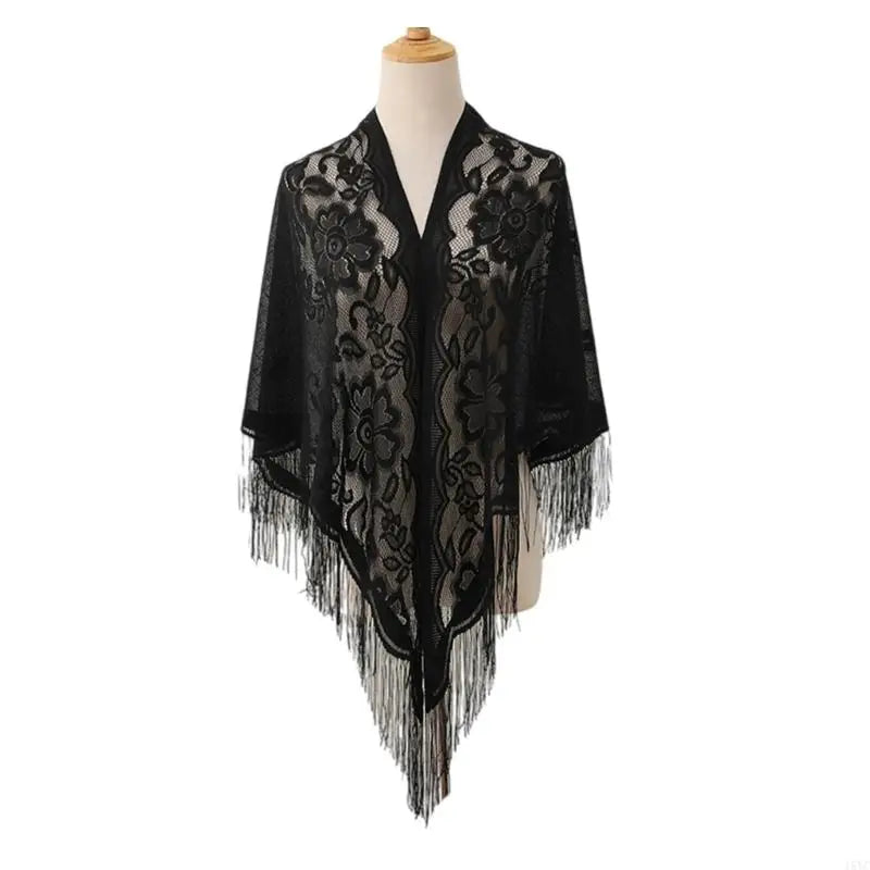 15YC Stylish Lace Ponchos with Fringed Edges Multiuse Shawl for Various Outfit Eye Catching Sunproof Triangle Shoulder Wrap