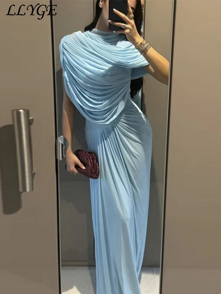 Elegant Shawl Long Party Dress Women Blue Asymmetric High Waist Pleated Female Beach Dresses 2025 Spring Summer Evening Gowns