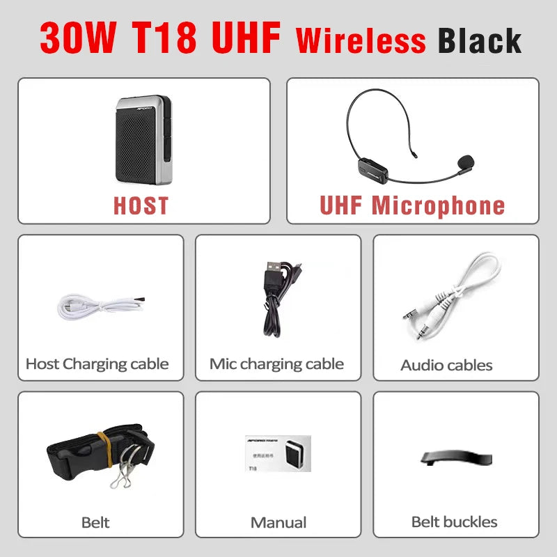 T18 Amplifier 30W 2.4G  Wireless Microphone Bluetooth 5.0 Speaker College Teacher School Tour Guide Portable FM Radio