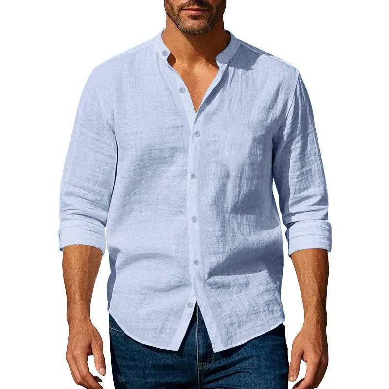 Cotton Linen Shirt for Men Henley Neck Solid Color Lightweight Breathable Slim Fit Single Breasted Shirt Long Sleeve Button Up