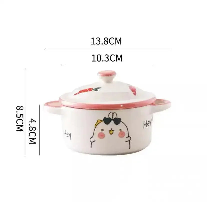 Ceramic Bowl Cartoon Double Ear Bowl with Lid Kid Food Supplement Bowl Ramen Bowl Salad Food Containers Microwave Oven Tableware
