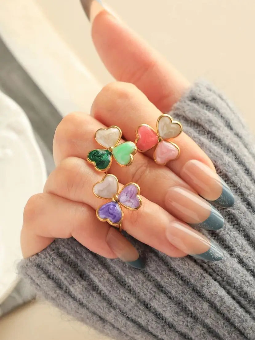 Multicolor Enamel Clover Stainless Steel Ring Women's Creative Meaning Lucky and Cute 18K Gold Plated Jewelry Waterproof