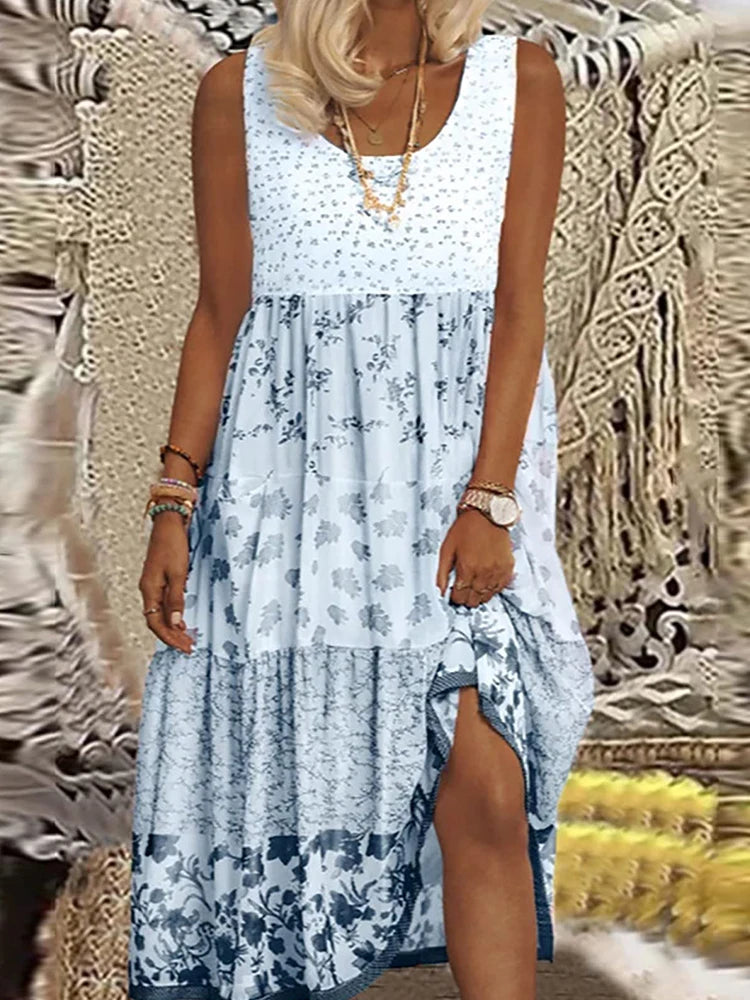 Plus Size Casual Women's Midi Dress 2025 Summer New Floral Printed Sleeveless Flat Neck A-Line Bohemian Beach Dresses