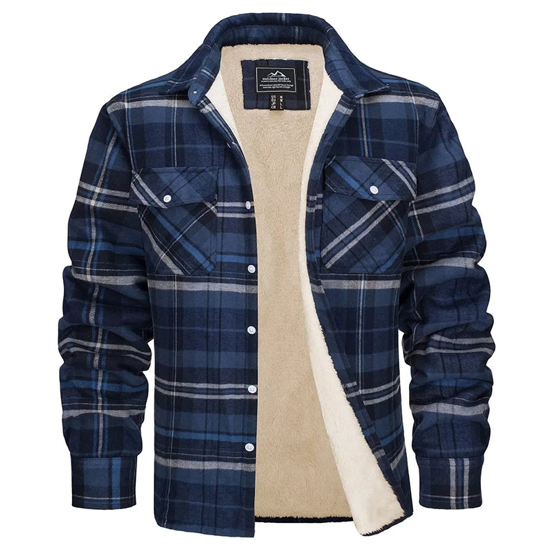 MAGCOMSEN Fleece Plaid Flannel Shirt Jacket  Men's Button Up Casual Cotton Jacket Thicken Warm Spring Work Coat Sherpa Outerwear