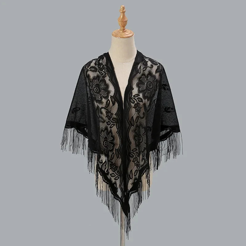 Fashion Women Triangle Wrap Fringed Shawls Head Scarf Tassel Embroidery Lace Scarves Flower Hijab Bandana Prayer Kerchief Church