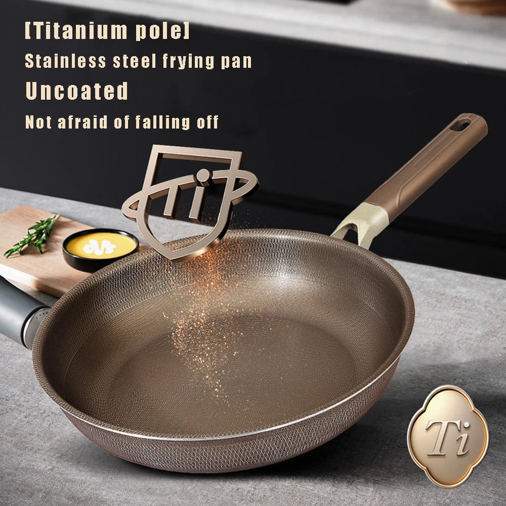 Non-stick Wok Frying Pan Titanium Stainless steel Uncoated Home Induction Gas stove Universal Skillet Saucepan Kitchen Cookware