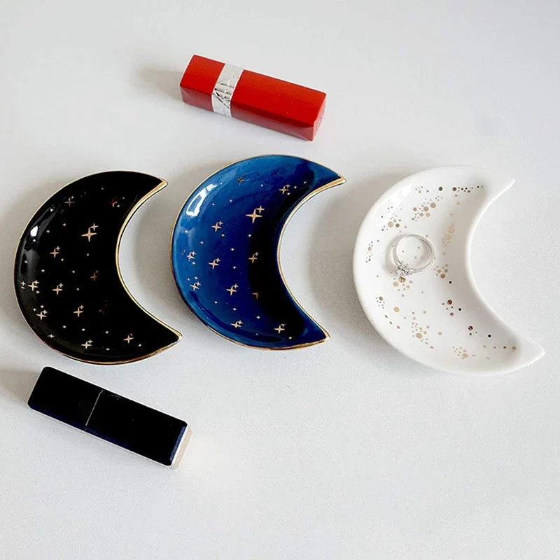 Nordic Ceramic Moon Shape Small Jewelry Dish Earrings Necklace Ring Storage Plates Fruit Dessert Display Bowl Decoration Tray
