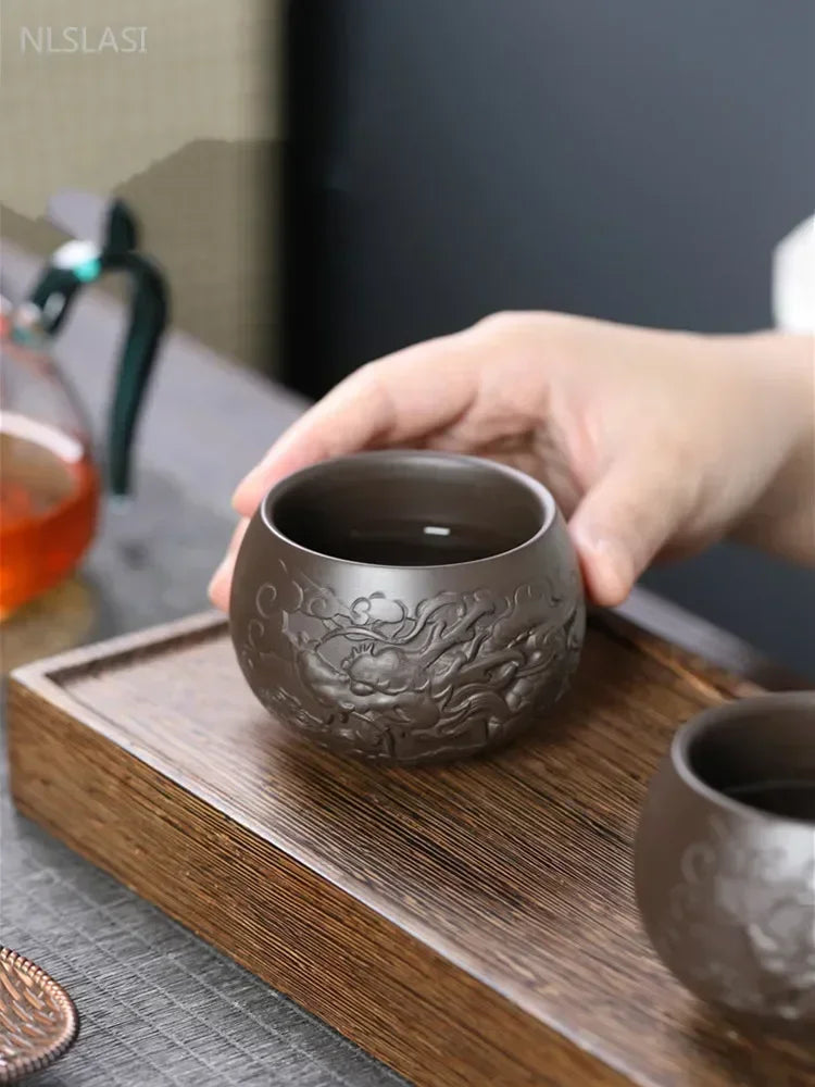 Chinese Hand Carving Purple Clay Teacup Outdoors Portable Tea Bowl Home Master Cup Traditional Zisha Tea Cup Home Drinkware