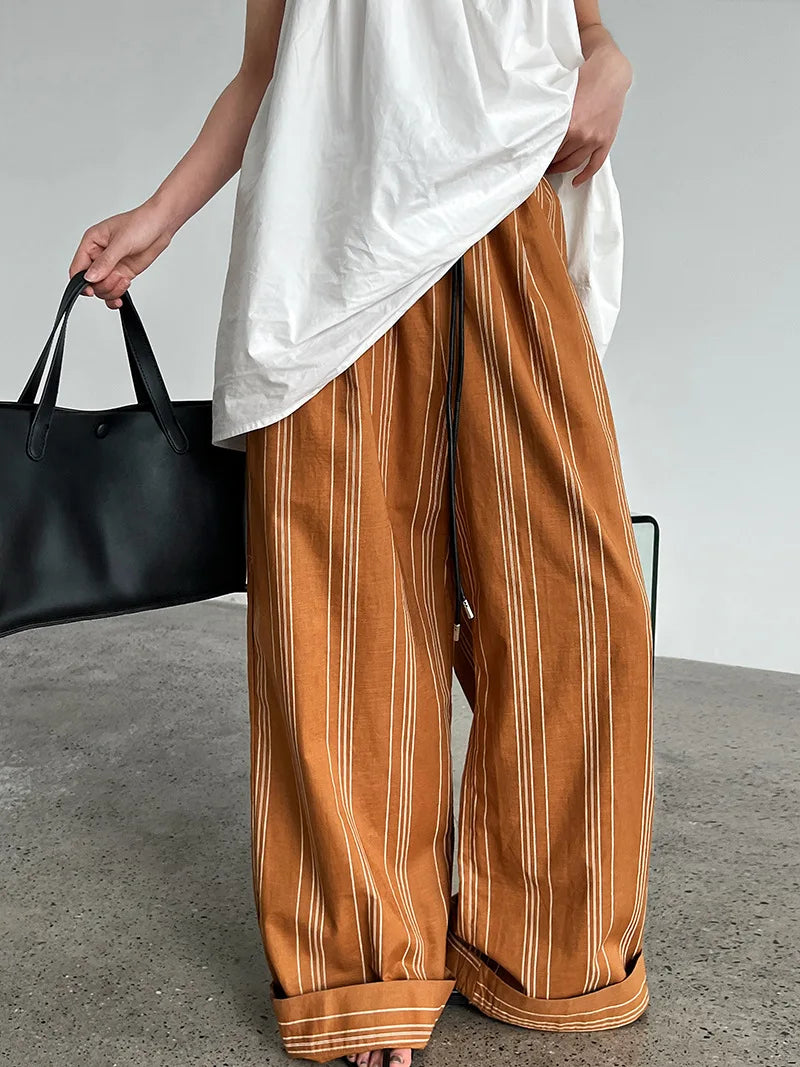 Cotton Linen Bohemian  Long Pant Old Money Style Striped Elastic Casual Pants Women Summer Waist Belt Lazy Wide Legs Pants