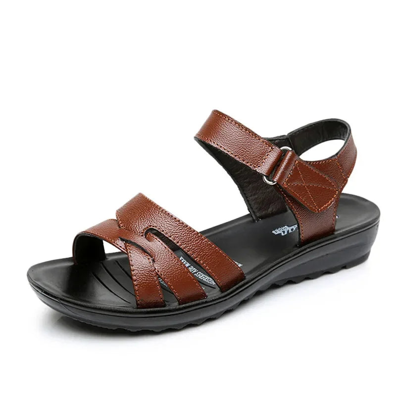 BEYARNE Summer Women Genuine Leather Sandals Vintage Ladies Flat Sandials Ankle Strap Fashion Casual PlatformsSoft ShoesE158