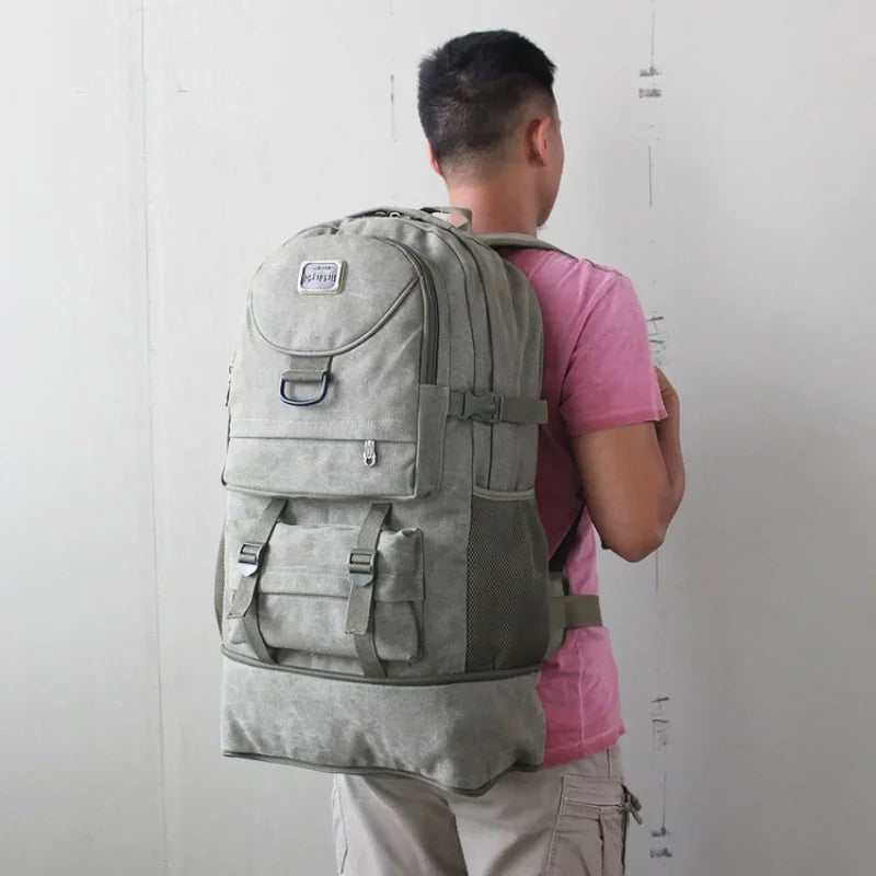 60L Large Capacity Outdoor Hiking Camping Backpack Men's Canvas Luggage Work Bag Tactical Rucksack Climbing Travel Back Pack