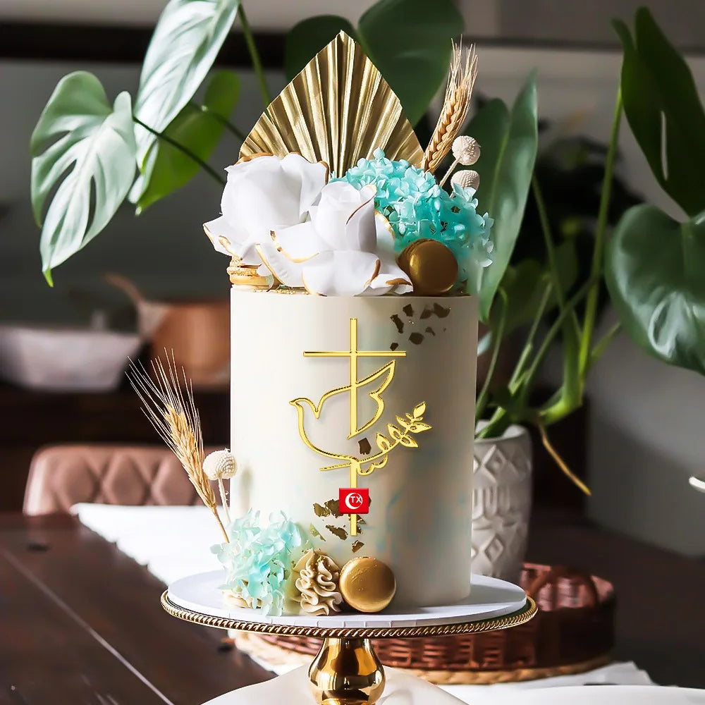 New Baptist Cake Topper Boys and Girls Pigeons IHS Eucharist Golden Cake Topper for Birthday Party Acrylic cake decoration
