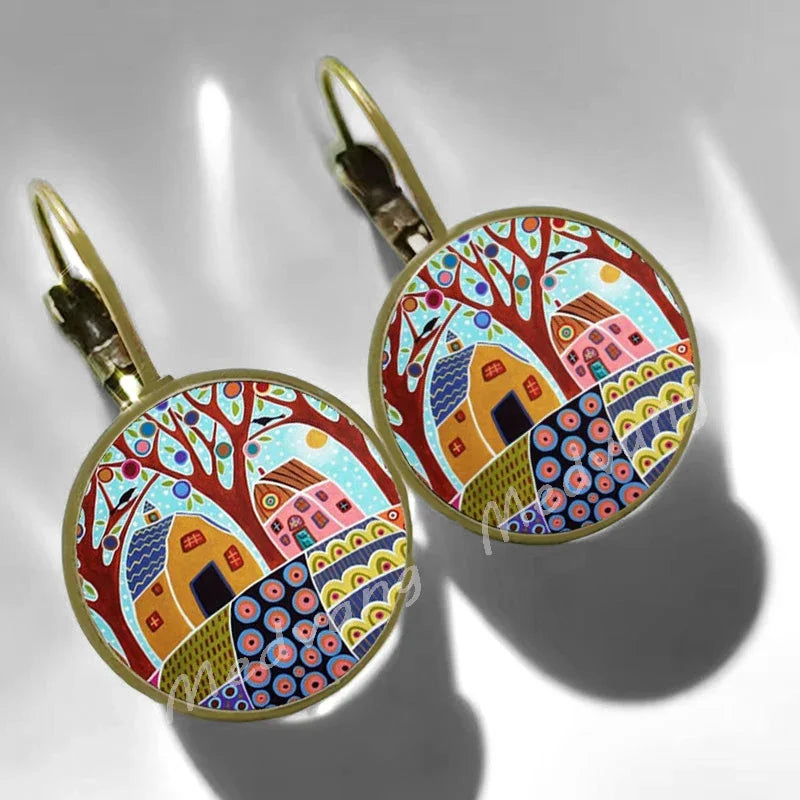 2024 Natural Scenery Earrings beautiful village Women Stud Earring  Abstract Oil Painting House Glass Cabochon Earrings  jewelry
