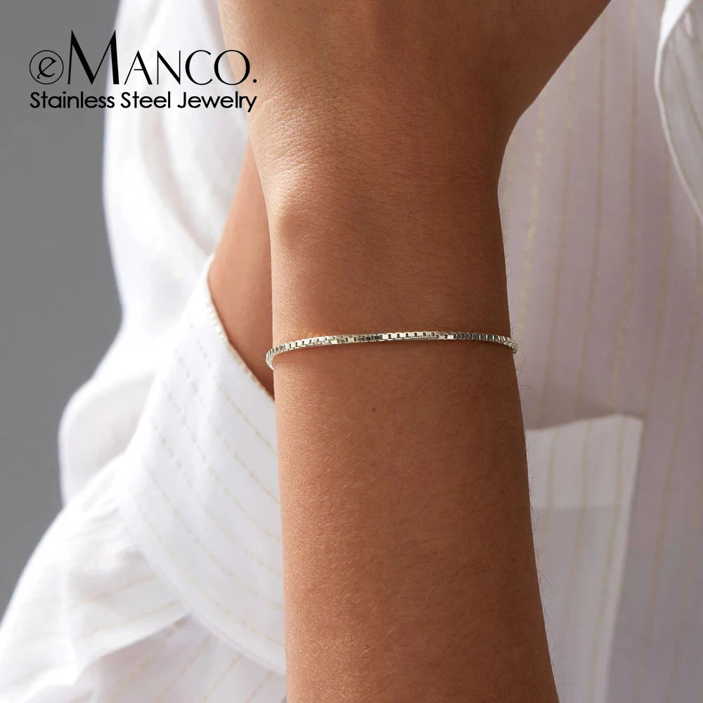 eManco Silver Color Stainless Steel Box Chain Bracelet Charm for Women Jewelry Gifts Minimalist Men's Bracelet Support Wholesale