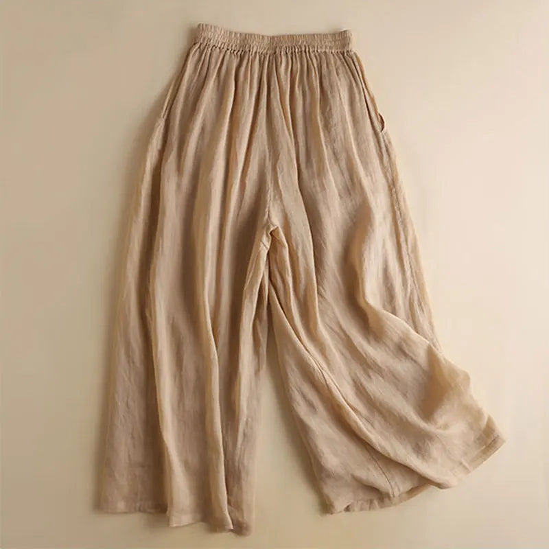 Khaki Linen Solid Casual Lace Up Elastic High Waist Loose Wide Leg Women's Pants Ankle-Length Pants For Women Clothing 2024