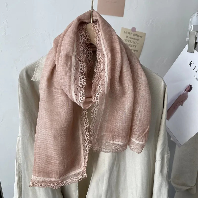 Flaxen Lace Cotton Linen Scarf Women's Winter Shawl Dual-purpose Spring Autumn Foreign Style Fashion Silk Solid Color Yarn