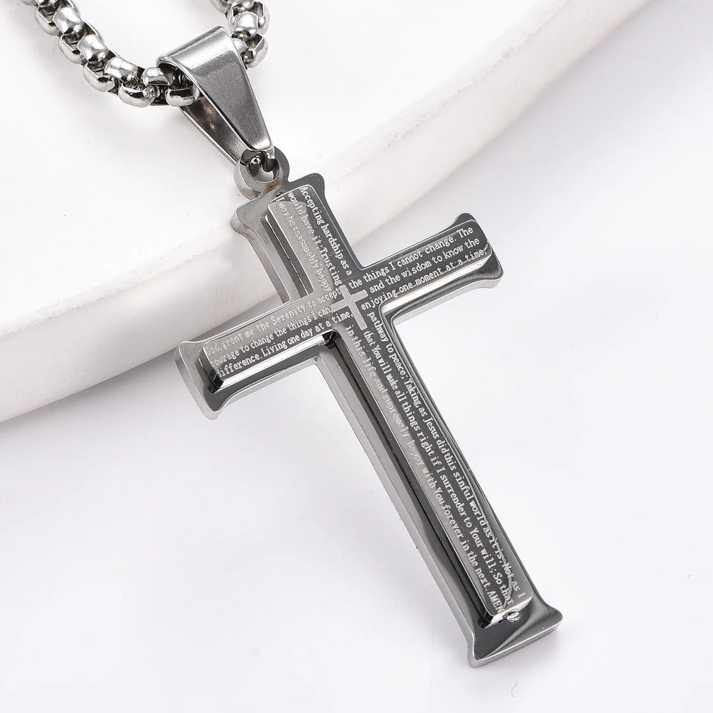 Simple Stainless Steel Bible Letter Cross Pendant for Men Women Catholic Prayer Jewelry Gifts