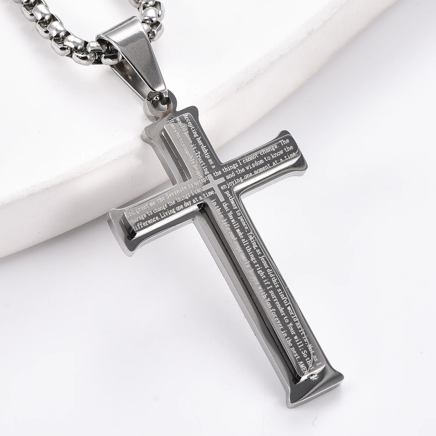 Simple Stainless Steel Bible Letter Cross Pendant for Men Women Catholic Prayer Jewelry Gifts
