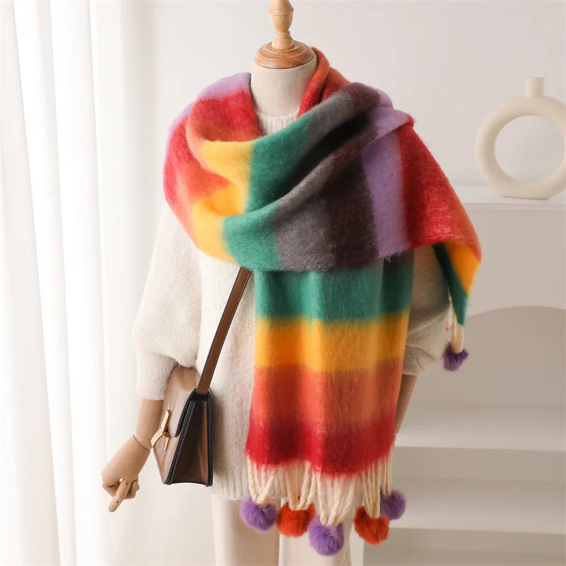2024 Fashion Winter Design Multicolor Thick Warm Women Cashmere Like Looped Yarn Scarf Neck Shawls Tassel Pashmina Lady Men